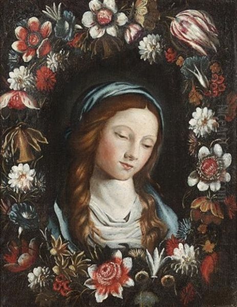 A Garland Of Flowers Surrounding The Head Of The Madonna (collab. W/circle Of Sassoferrato) Oil Painting by Mario Nuzzi