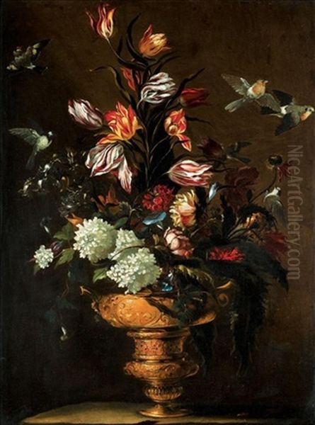 Still Life With Tulips, Morning Glory, Roses, And Various Other Flowers In A Bronze Urn Together With A Bluetit, A Bullfinch, Robins And Other Birds Oil Painting by Mario Nuzzi