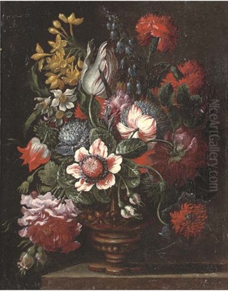 Parrot Tulips, Carnations, Narcissi, Roses And Other Flowers In An Urn On A Stone Ledge Oil Painting by Mario Nuzzi