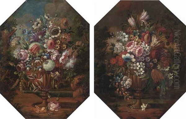 Parrot Tulips, Roses, Hydrangeas, Carnations And Other Flowers In An Urn In A Clearing (+ Roses, Carnations, Parrot Tulips And Other Flowers In An Urn In A Clearing; Pair) Oil Painting by Mario Nuzzi