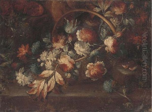 A Basket Of Flowers On A Ledge In A Clearing Oil Painting by Mario Nuzzi