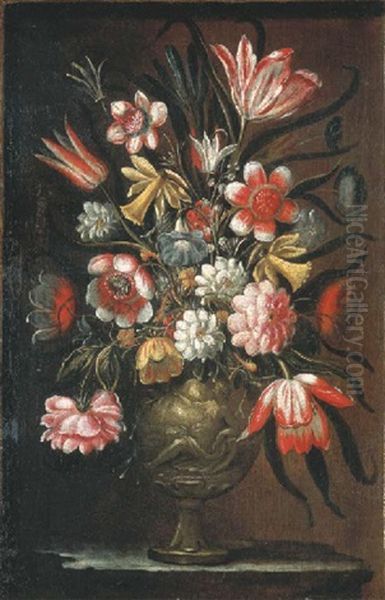 Fleurs Dans Un Cadre En Trompe L'oil Oil Painting by Mario Nuzzi