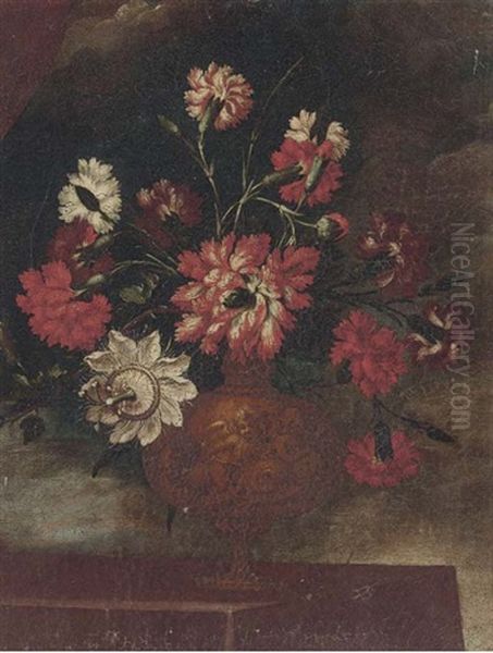 Carnations And Other Flowers In A Vase On A Ledge Oil Painting by Mario Nuzzi