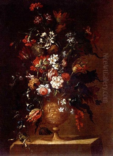 Parrot Tulips, Carnations, Narcissi, Morning Glory And Other Flowers In A Sculpted Urn On A Stone Ledge Oil Painting by Mario Nuzzi