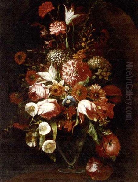 Parrot Tulips, Roses, Narcissi, Hydrangeas, Convolvulus And Other Flowers In A Glass Vase In A Niche Oil Painting by Mario Nuzzi