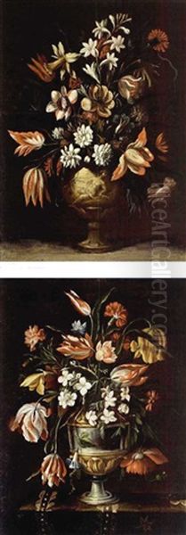 A Still Life With Tulips, Carnations, Daffodils, Auricula, Jasmine And Other Flowers In A Sculpted Stone Vase (+ A Still Life With Tulips, Jasmin, Carnations, Auricula And Other Flowers; Pair) Oil Painting by Mario Nuzzi