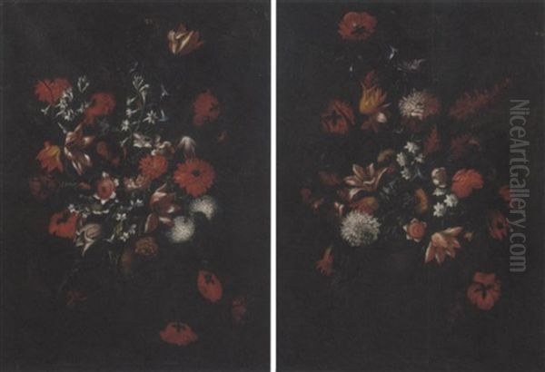 Gigli, Garofani, Petunie, Anemoni, Papaveri, Campanule Ed Altri Fiori In Un Vaso Con Figure Classiche Oil Painting by Mario Nuzzi