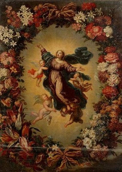 The Assumption Of The Virgin Within A Floral Surround Oil Painting by Mario Nuzzi