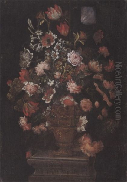 Chrysanthemums, Parrot Tulips, Narcissi, Jasmine And Other Flowers In An Urn On A Pedestal by Mario Nuzzi