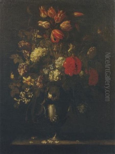 Garofani, Tulipani, Campanule E Altri Fiori In Un Vaso Di Metallo Su Un Piano Di Pietra E Piccoli Uccelli Oil Painting by Mario Nuzzi