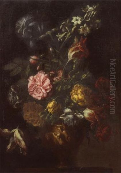 Bouquet De Fleurs Dans Un Vase Sculpte Sur Un Entablement Oil Painting by Mario Nuzzi