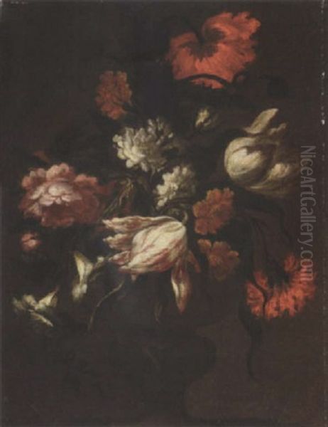 Flower Still Life, Including Roses And Tulips, In A Stone Vase Oil Painting by Mario Nuzzi