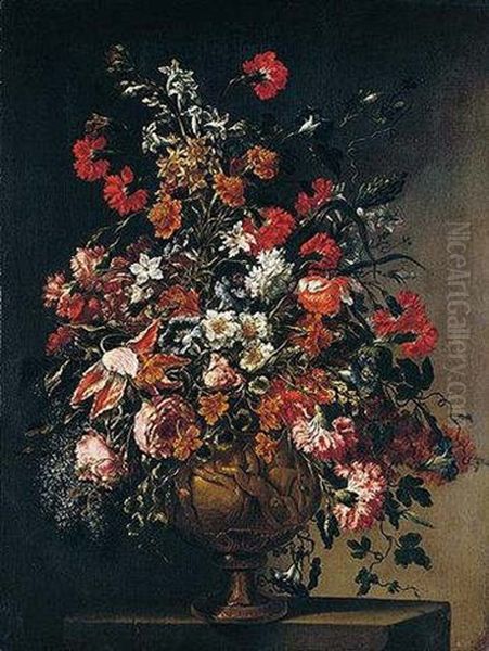 A Still Life Of Various Flowers In An Ormolu Vase With Putti Oil Painting by Mario Nuzzi