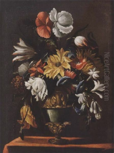 Tulips, Poppies, Morning Glory And Other Flowers In A Vase On A Draped Ledge Oil Painting by Mario Nuzzi