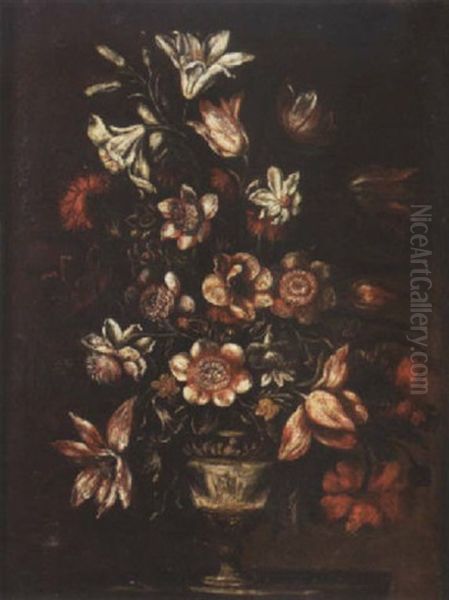 Lilies, Carnations, Tulips And Other Flowers In A Vase On A Ledge Oil Painting by Mario Nuzzi