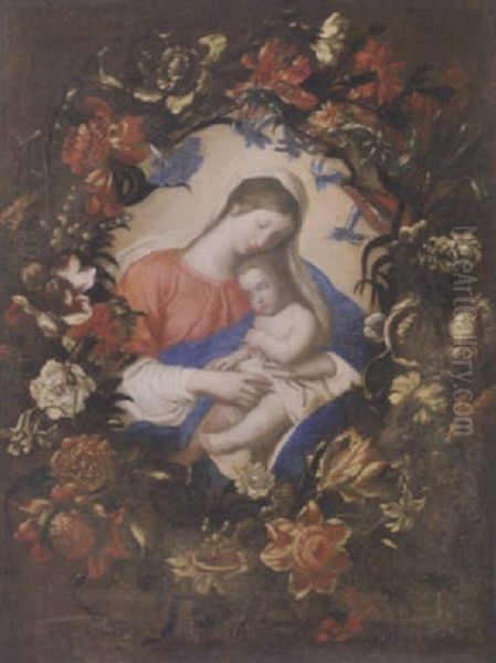 The Madonna And Child Within A Garland Of Flowers Oil Painting by Mario Nuzzi