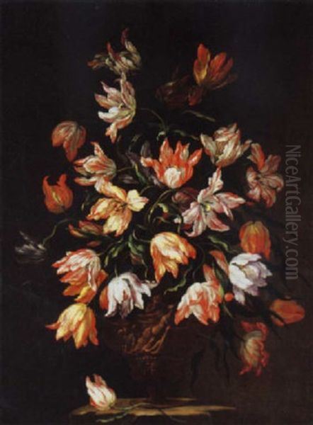 Tulips In A Sculpted Urn On A Stone Plinth Oil Painting by Mario Nuzzi