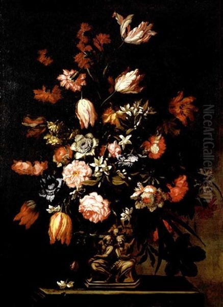 Floral Still Life With Tulips, Carnations, Daffodils, Peonies And Other Flowers In A Figural Vase Oil Painting by Mario Nuzzi