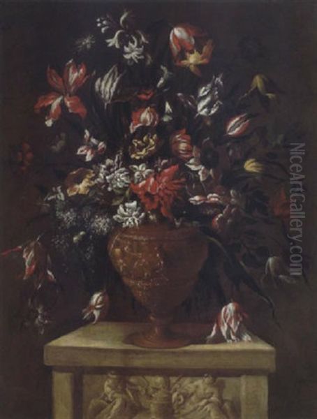 Bouquet Di Fiori Entro Un Vaso Ad Anfora, Sbalzato A Figure Oil Painting by Mario Nuzzi