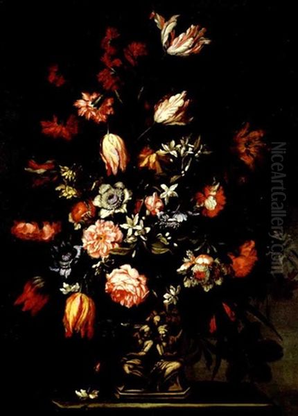 Floral Still Life With Tulips, Carnations, Daffodils, Peonies And Other Flowers In A Figural Vase Oil Painting by Mario Nuzzi