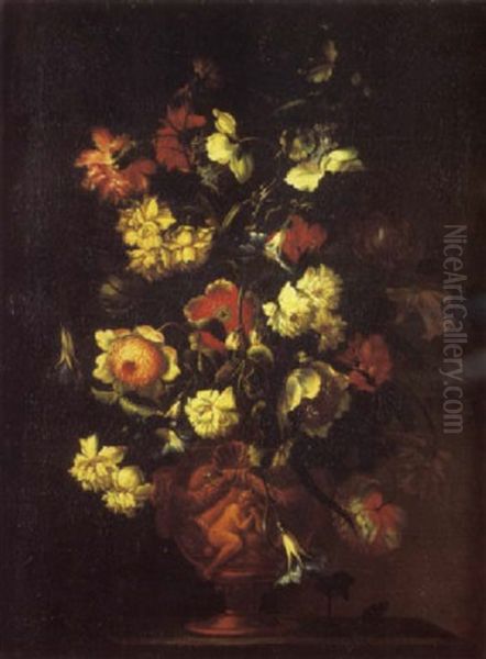 Bouquet De Fleurs Dans Un Vase Sculpte Dispose Sur Un Entablement Oil Painting by Mario Nuzzi