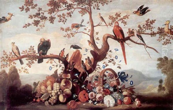 An Extensive Landscape With An Exotic Cornucopia Of Birds, Fruit And Flowers Oil Painting by Mario Nuzzi