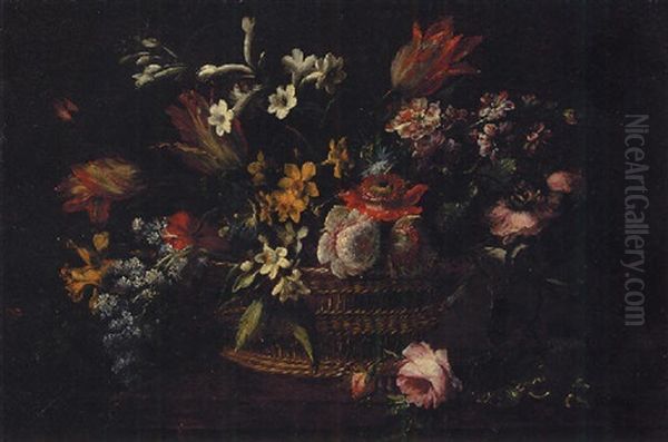 Flowers In A Basket On A Wooden Ledge Oil Painting by Mario Nuzzi