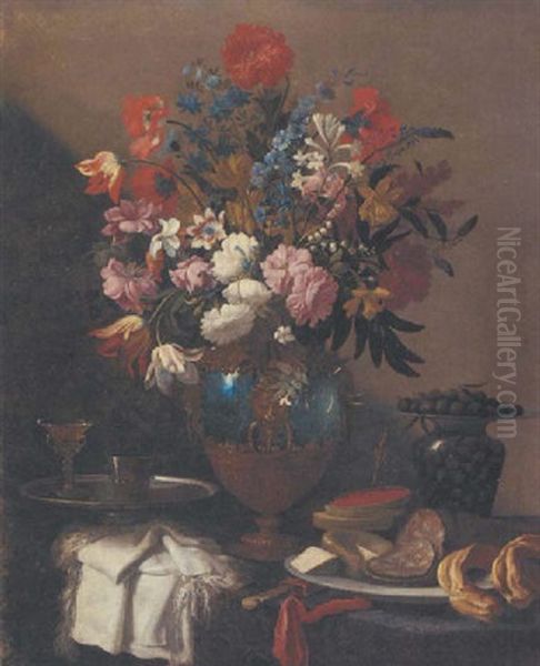 Roses, Tulips, Daffodils, Morning Glory, Peonies And Other Flowers, With Olives, Bread, Meat, Cheese And Wine On A Ledge Oil Painting by Mario Nuzzi