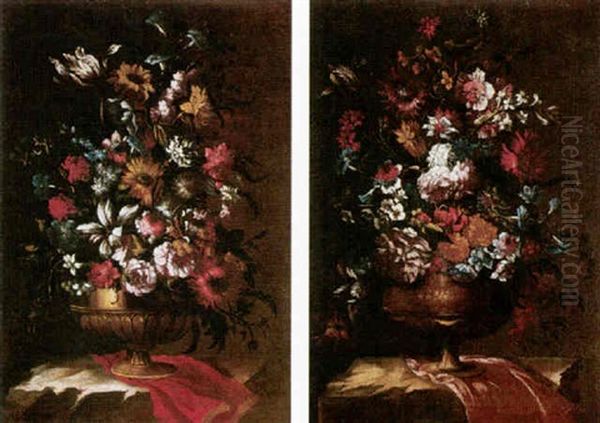 Still Life Of Flowers In A Gilt Urn On A Stone Ledge Oil Painting by Mario Nuzzi