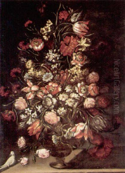 Still Life Of Various Flowers In An Ormolu Vase Oil Painting by Mario Nuzzi