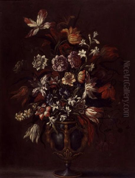 Still Life Of Flowers In A Sculpted Vase Oil Painting by Mario Nuzzi