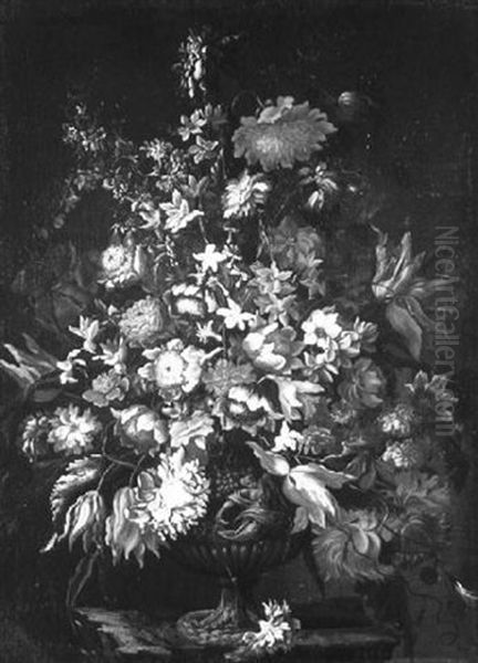 Still Life Of Flowers In A Sculpted Vase by Mario Nuzzi