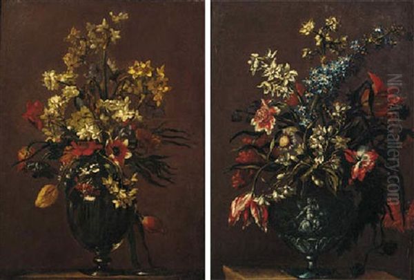 Tulips, Daffodils, Siberian Irises And Other Flowers In A Pewter Vase On A Stone Plinth Oil Painting by Mario Nuzzi