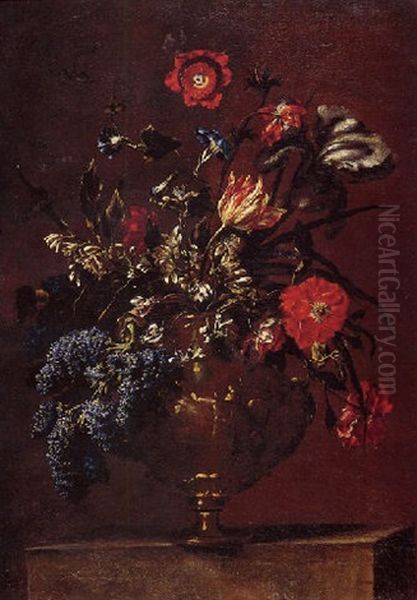 Still Life Of Flowers In A Sculpted Vase Oil Painting by Mario Nuzzi