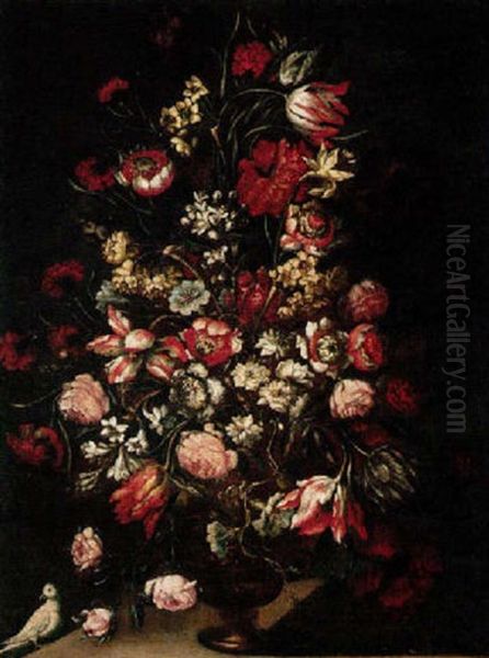 Still Life Of Various Flowers In An Ormolu Vase Oil Painting by Mario Nuzzi