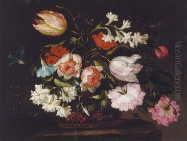 Roses, Tulips, Morning Glory And Other Flowers In A Basket On A Stone Pedestal Oil Painting by Mario Nuzzi