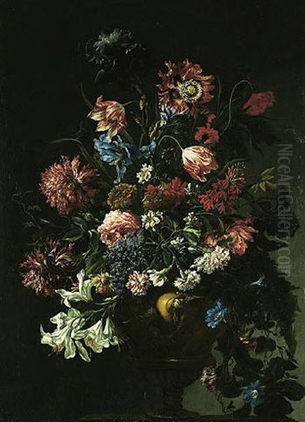 A Still Of Lilies, Carnations, Morning Glory, Poppies, Irises And Daffodils, In A Sculpted Stone Urn, Set Upon A Stone Ledge Oil Painting by Mario Nuzzi