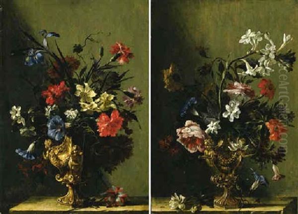 Irises, Narcissi, Carnations, Daffodils And Other Flowers In A Gilt Urn On A Stone Ledge Oil Painting by Mario Nuzzi