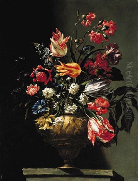 Parrot Tulips, Carnations, Morning Glory, A Daffodil And Other Flowers In A Sculpted Urn On A Pedestal Oil Painting by Mario Nuzzi