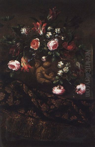 A Still Life Of Roses, Variegated Tulips And Other Flowers In A Sculpted Vase With A Trompe L'oeil Image Of The Holy Family Oil Painting by Mario Nuzzi