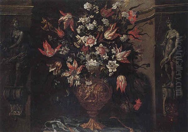 Still Life Of Variegated Tulips, Daffodils, Convulvuli And Other Flowers In A Sculpted Urn In A Stone Niche Flanked By Statues Of Hebe And Diana Oil Painting by Mario Nuzzi