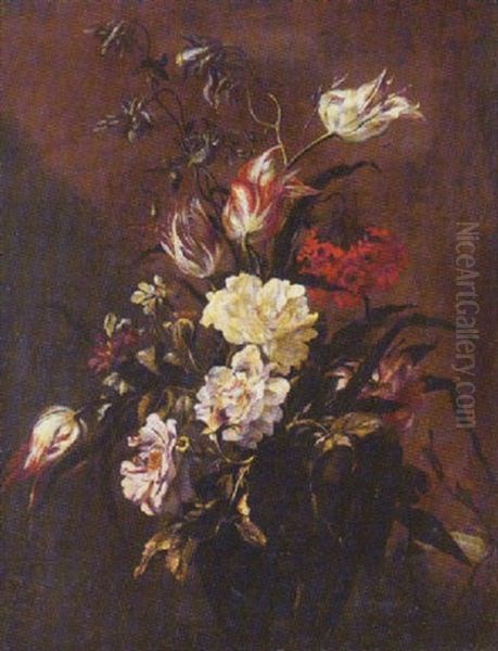 Still Life Of Roses, Variegated Tulips And Other Flowers, In A Glass Vase Oil Painting by Mario Nuzzi