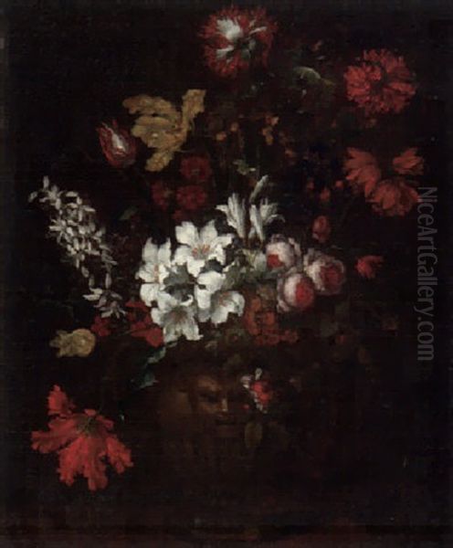 Blumenbouquet Mit Pfingstrosen Und Lilien In Skulptierter Vase Oil Painting by Mario Nuzzi