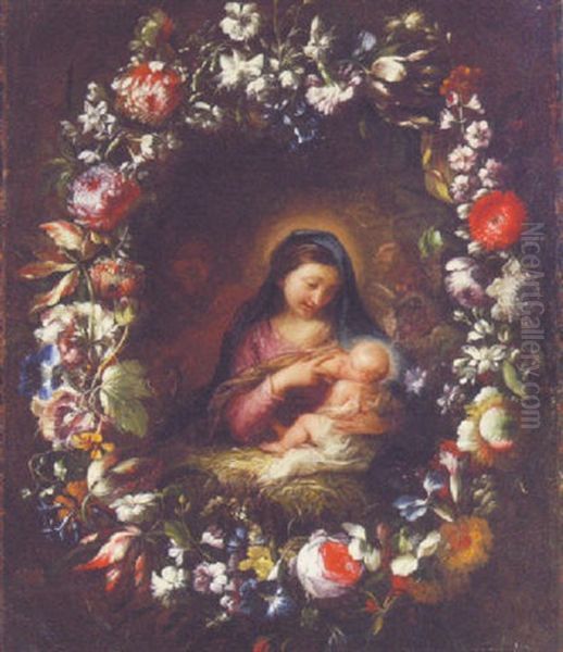 The Holy Family Surrounded By A Garland Of Flowers Oil Painting by Mario Nuzzi