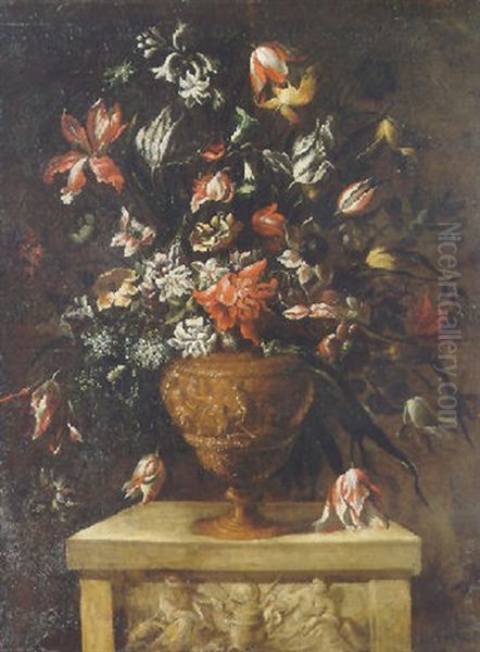 Flowers In A Sculpted Vase On A Stone Plinth Oil Painting by Mario Nuzzi