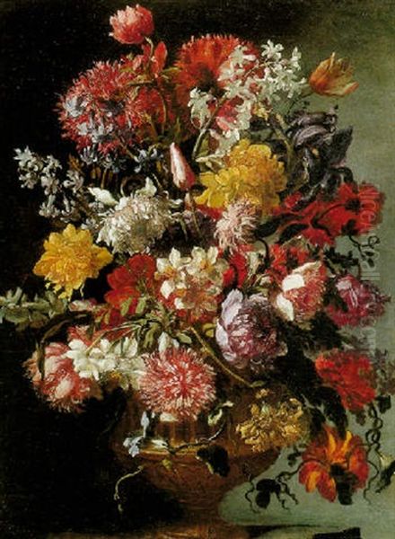 Still Life Of Flowers In A Sculpted Vase Oil Painting by Mario Nuzzi