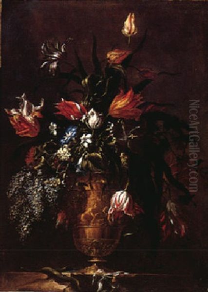 A Still Life Of Variegated Tulips And Other Flowers In An Ormolu Vase Oil Painting by Mario Nuzzi