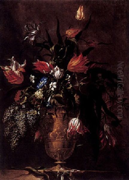 A Still Life Of Variegated Tulips And Other Flowers In An Ormolu Vase Oil Painting by Mario Nuzzi