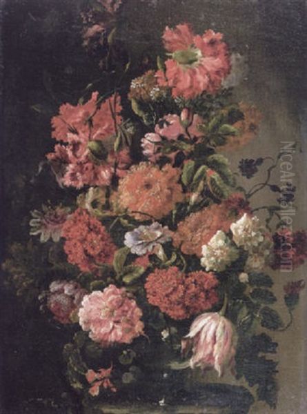 Still Life Of Carnations, Roses, Tulips, Convolvulus, Passion Flowers And Others In A Glass Vase On A Stone Ledge Oil Painting by Mario Nuzzi