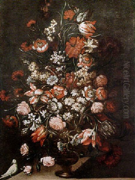 Still Life Of Various Flowers In An Ormolu Vase Oil Painting by Mario Nuzzi